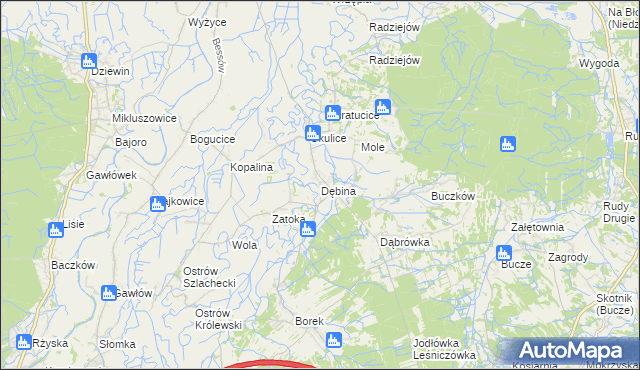 mapa Dębina gmina Rzezawa, Dębina gmina Rzezawa na mapie Targeo