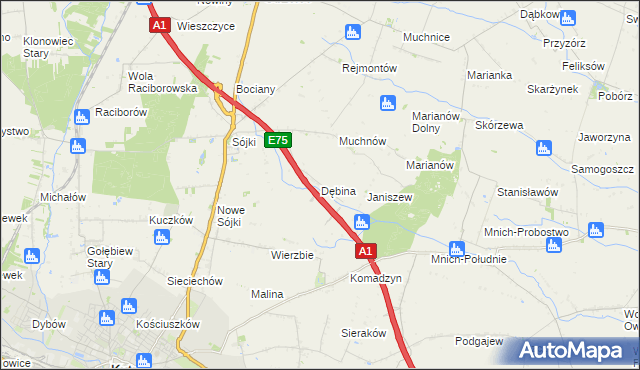 mapa Dębina gmina Strzelce, Dębina gmina Strzelce na mapie Targeo