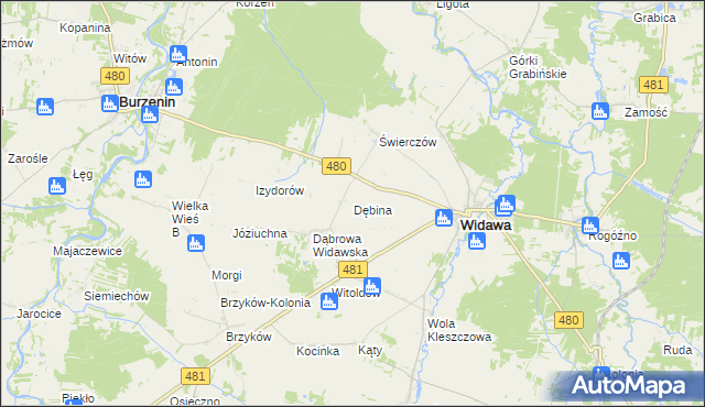 mapa Dębina gmina Widawa, Dębina gmina Widawa na mapie Targeo