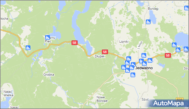 mapa Dłużek gmina Jedwabno, Dłużek gmina Jedwabno na mapie Targeo