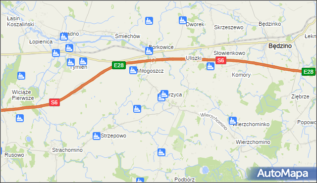 mapa Dobrzyca gmina Będzino, Dobrzyca gmina Będzino na mapie Targeo