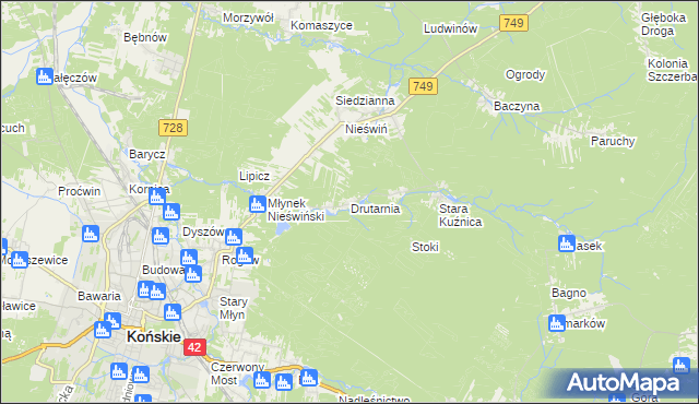 mapa Drutarnia gmina Końskie, Drutarnia gmina Końskie na mapie Targeo