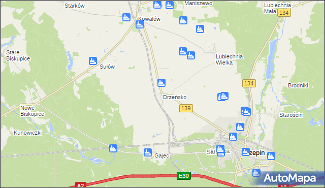 mapa Drzeńsko gmina Rzepin, Drzeńsko gmina Rzepin na mapie Targeo