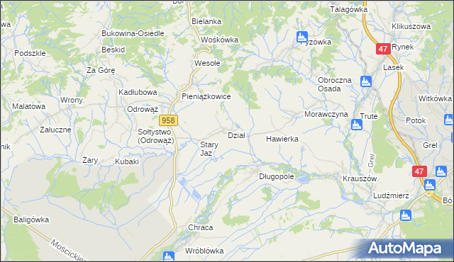 mapa Dział gmina Czarny Dunajec, Dział gmina Czarny Dunajec na mapie Targeo