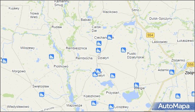 mapa Działyń gmina Zbójno, Działyń gmina Zbójno na mapie Targeo