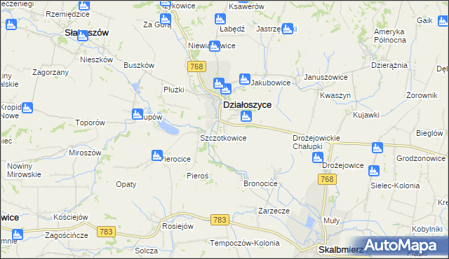 mapa Dziekanowice gmina Działoszyce, Dziekanowice gmina Działoszyce na mapie Targeo