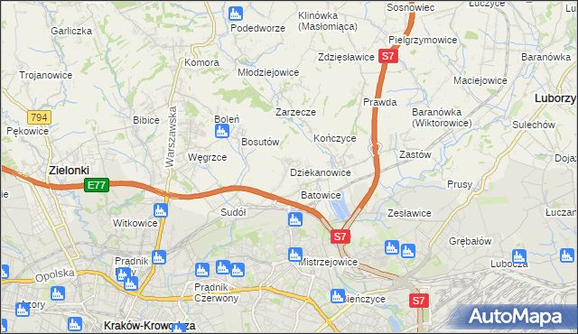 mapa Dziekanowice gmina Zielonki, Dziekanowice gmina Zielonki na mapie Targeo
