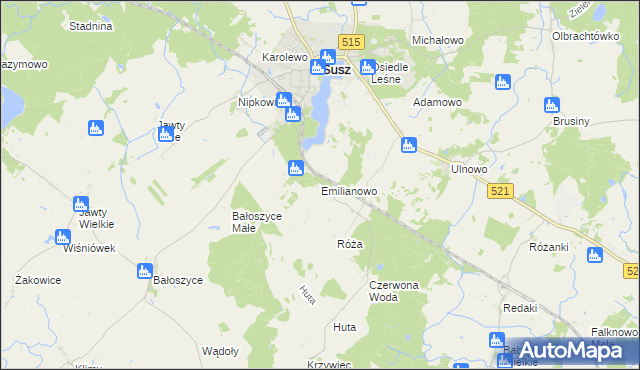 mapa Emilianowo gmina Susz, Emilianowo gmina Susz na mapie Targeo