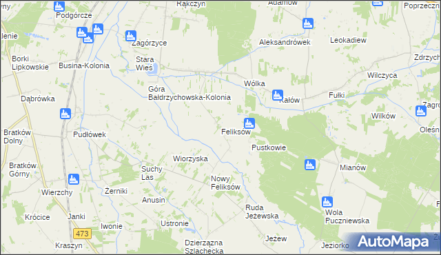 mapa Feliksów gmina Poddębice, Feliksów gmina Poddębice na mapie Targeo