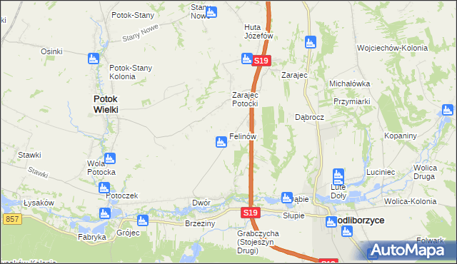 mapa Felinów gmina Modliborzyce, Felinów gmina Modliborzyce na mapie Targeo