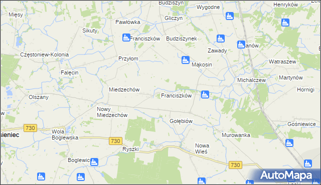 mapa Franciszków gmina Jasieniec, Franciszków gmina Jasieniec na mapie Targeo