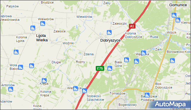 mapa Galonki gmina Dobryszyce, Galonki gmina Dobryszyce na mapie Targeo