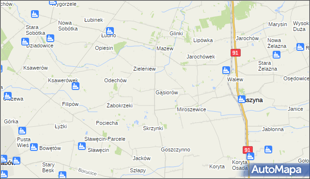 mapa Gąsiorów gmina Daszyna, Gąsiorów gmina Daszyna na mapie Targeo