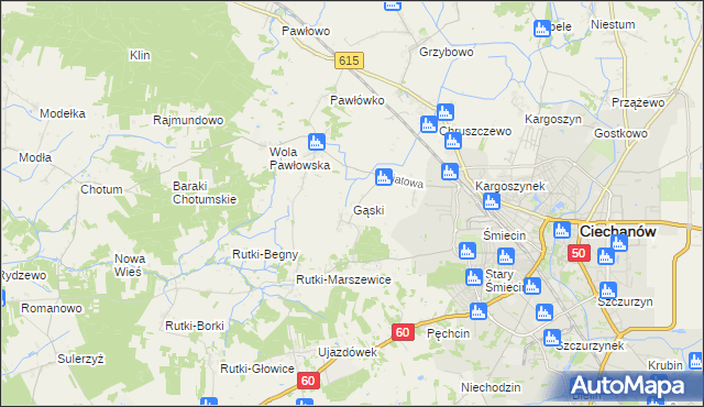 mapa Gąski gmina Ciechanów, Gąski gmina Ciechanów na mapie Targeo