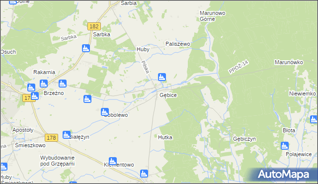 mapa Gębice gmina Czarnków, Gębice gmina Czarnków na mapie Targeo
