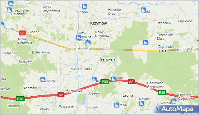 mapa Genowefa gmina Krzymów, Genowefa gmina Krzymów na mapie Targeo