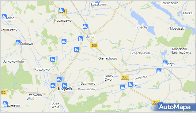 mapa Gierłachowo gmina Krzywiń, Gierłachowo gmina Krzywiń na mapie Targeo