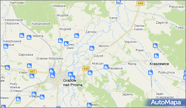 mapa Giżyce gmina Grabów nad Prosną, Giżyce gmina Grabów nad Prosną na mapie Targeo