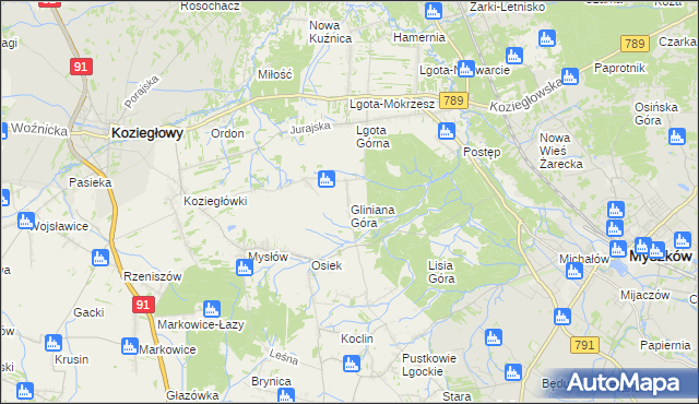 mapa Gliniana Góra gmina Koziegłowy, Gliniana Góra gmina Koziegłowy na mapie Targeo
