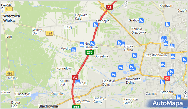 mapa Gorzelnia gmina Blachownia, Gorzelnia gmina Blachownia na mapie Targeo