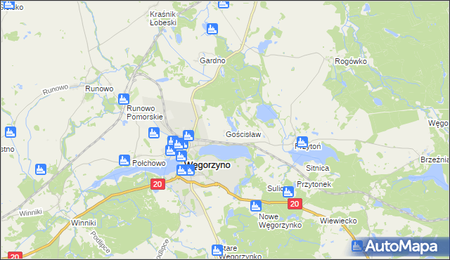 mapa Gościsław gmina Węgorzyno, Gościsław gmina Węgorzyno na mapie Targeo