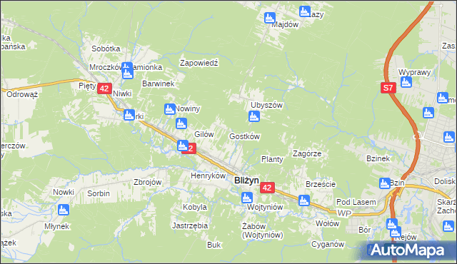 mapa Gostków gmina Bliżyn, Gostków gmina Bliżyn na mapie Targeo