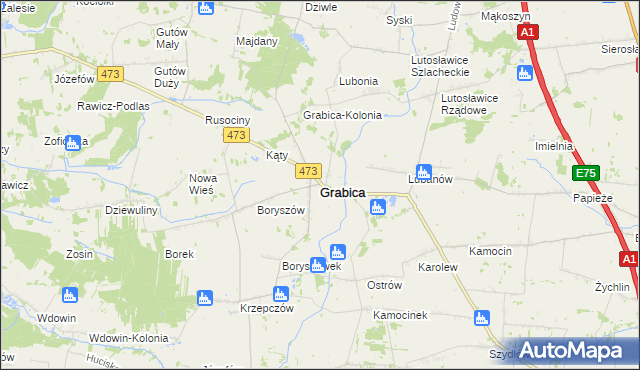 mapa Grabica powiat piotrkowski, Grabica powiat piotrkowski na mapie Targeo