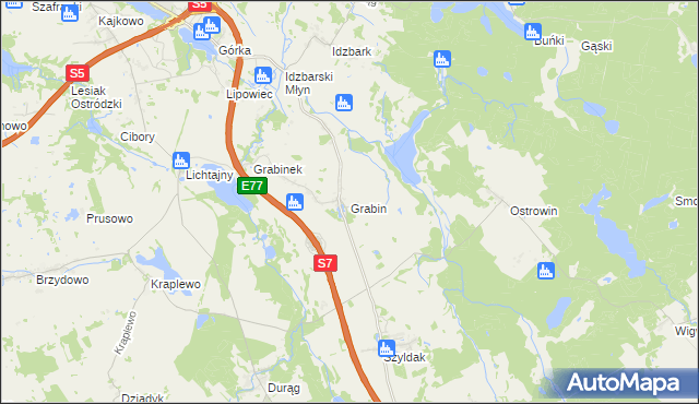 mapa Grabin gmina Ostróda, Grabin gmina Ostróda na mapie Targeo