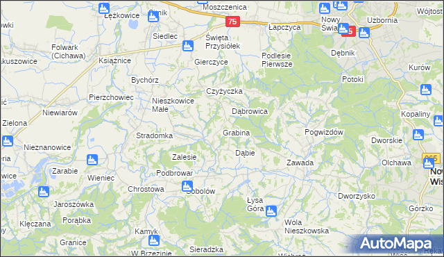 mapa Grabina gmina Bochnia, Grabina gmina Bochnia na mapie Targeo