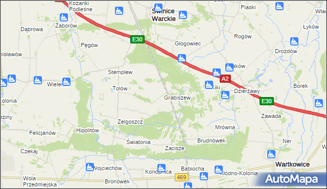 mapa Grabiszew gmina Wartkowice, Grabiszew gmina Wartkowice na mapie Targeo