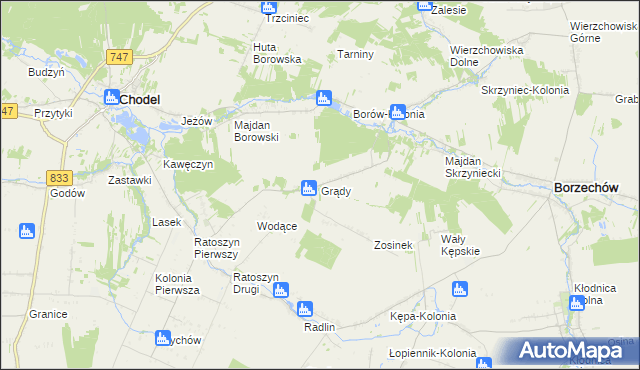 mapa Grądy gmina Chodel, Grądy gmina Chodel na mapie Targeo