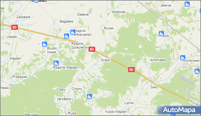 mapa Grądy gmina Wąsewo, Grądy gmina Wąsewo na mapie Targeo