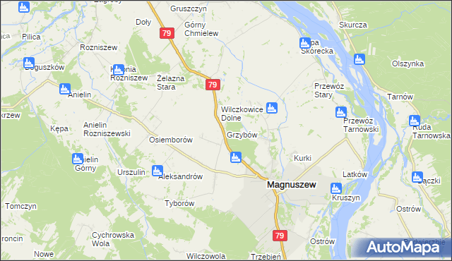 mapa Grzybów gmina Magnuszew, Grzybów gmina Magnuszew na mapie Targeo