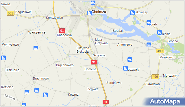 mapa Grzywna gmina Chełmża, Grzywna gmina Chełmża na mapie Targeo