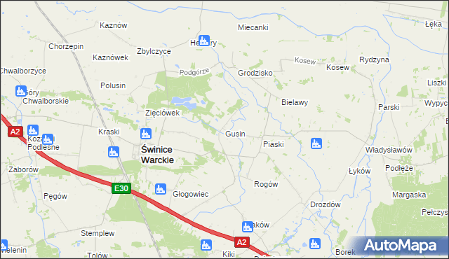 mapa Gusin gmina Świnice Warckie, Gusin gmina Świnice Warckie na mapie Targeo