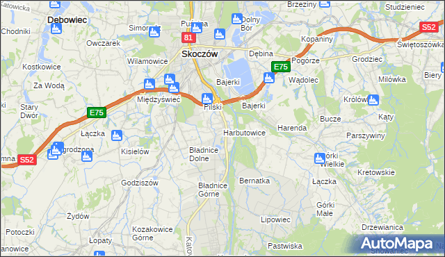 mapa Harbutowice gmina Skoczów, Harbutowice gmina Skoczów na mapie Targeo