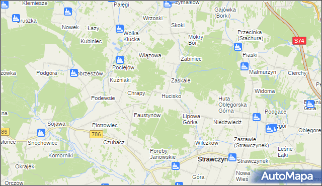 mapa Hucisko gmina Strawczyn, Hucisko gmina Strawczyn na mapie Targeo