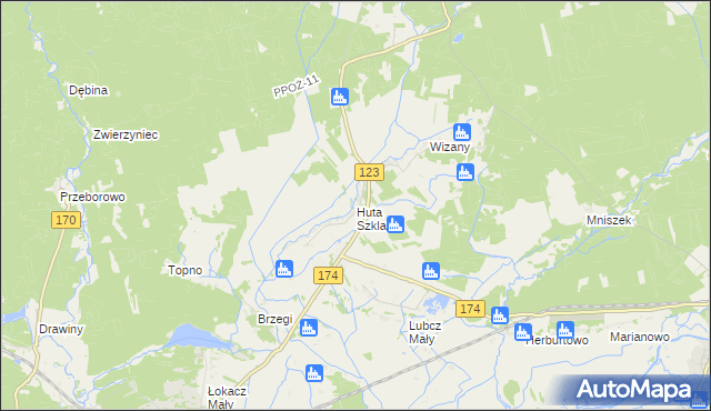 mapa Huta Szklana gmina Krzyż Wielkopolski, Huta Szklana gmina Krzyż Wielkopolski na mapie Targeo