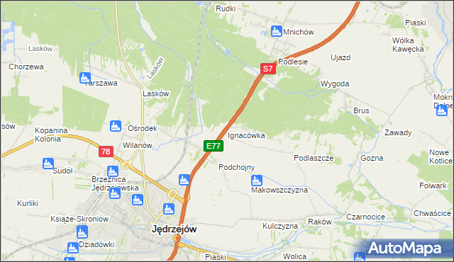 mapa Ignacówka gmina Jędrzejów, Ignacówka gmina Jędrzejów na mapie Targeo