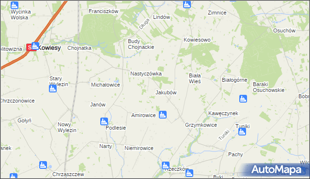 mapa Jakubów gmina Kowiesy, Jakubów gmina Kowiesy na mapie Targeo