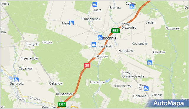 mapa Jakubów gmina Lubochnia, Jakubów gmina Lubochnia na mapie Targeo