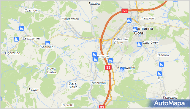 mapa Janiszów gmina Kamienna Góra, Janiszów gmina Kamienna Góra na mapie Targeo