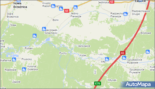 mapa Jankowice gmina Ładzice, Jankowice gmina Ładzice na mapie Targeo