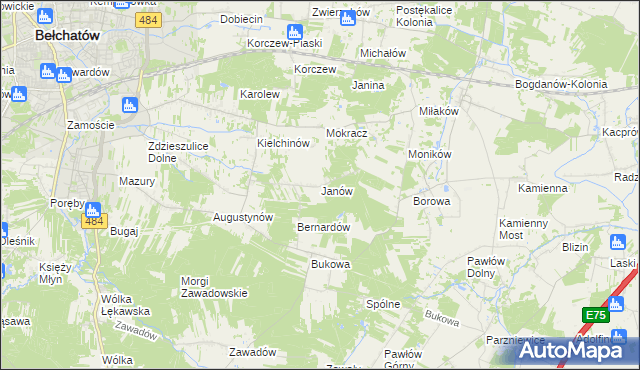 mapa Janów gmina Bełchatów, Janów gmina Bełchatów na mapie Targeo