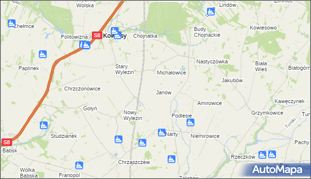 mapa Janów gmina Kowiesy, Janów gmina Kowiesy na mapie Targeo