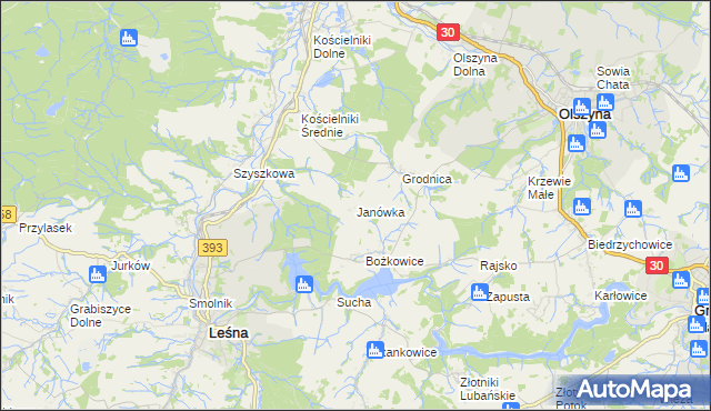 mapa Janówka gmina Leśna, Janówka gmina Leśna na mapie Targeo