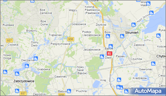 mapa Jarząbkowice gmina Pawłowice, Jarząbkowice gmina Pawłowice na mapie Targeo