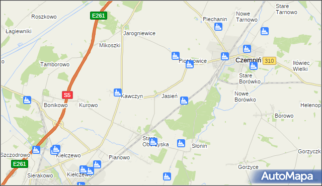 mapa Jasień gmina Czempiń, Jasień gmina Czempiń na mapie Targeo