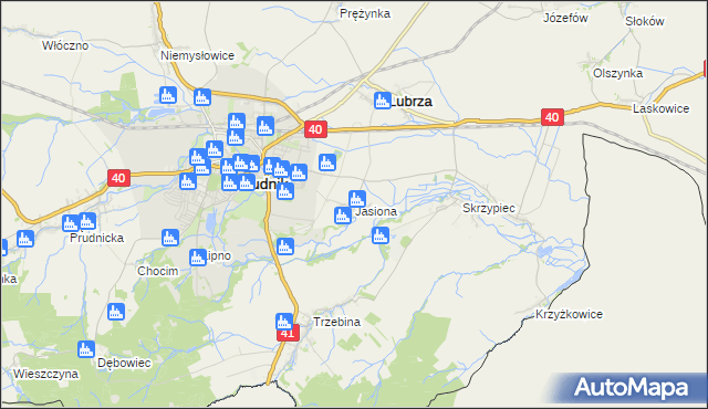 mapa Jasiona gmina Lubrza, Jasiona gmina Lubrza na mapie Targeo