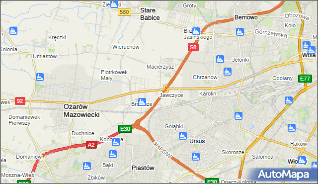 mapa Jawczyce gmina Ożarów Mazowiecki, Jawczyce gmina Ożarów Mazowiecki na mapie Targeo